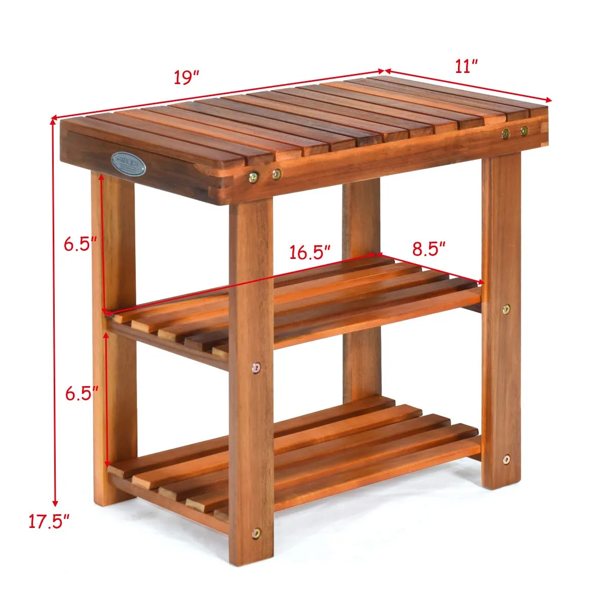 PATIOJOY Shoe Rack Bench, 3-Tier Shoe Organizer, Storage Shelf & Seat, Made of Sturdy Acacia Wood