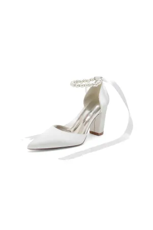 Pearl Ribbon Pointed Toe Ankle Strap Chunky Heel