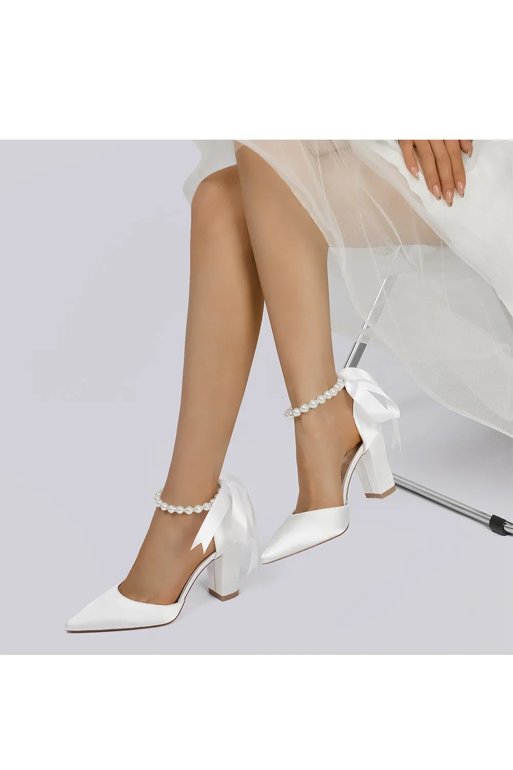 Pearl Ribbon Pointed Toe Ankle Strap Chunky Heel