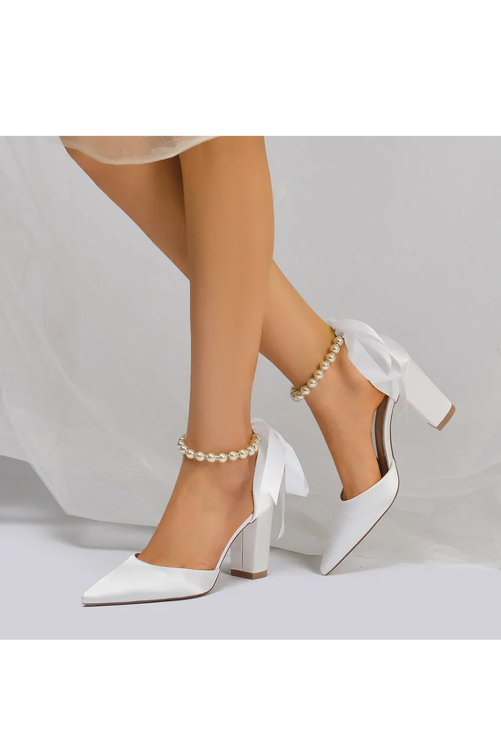 Pearl Ribbon Pointed Toe Ankle Strap Chunky Heel