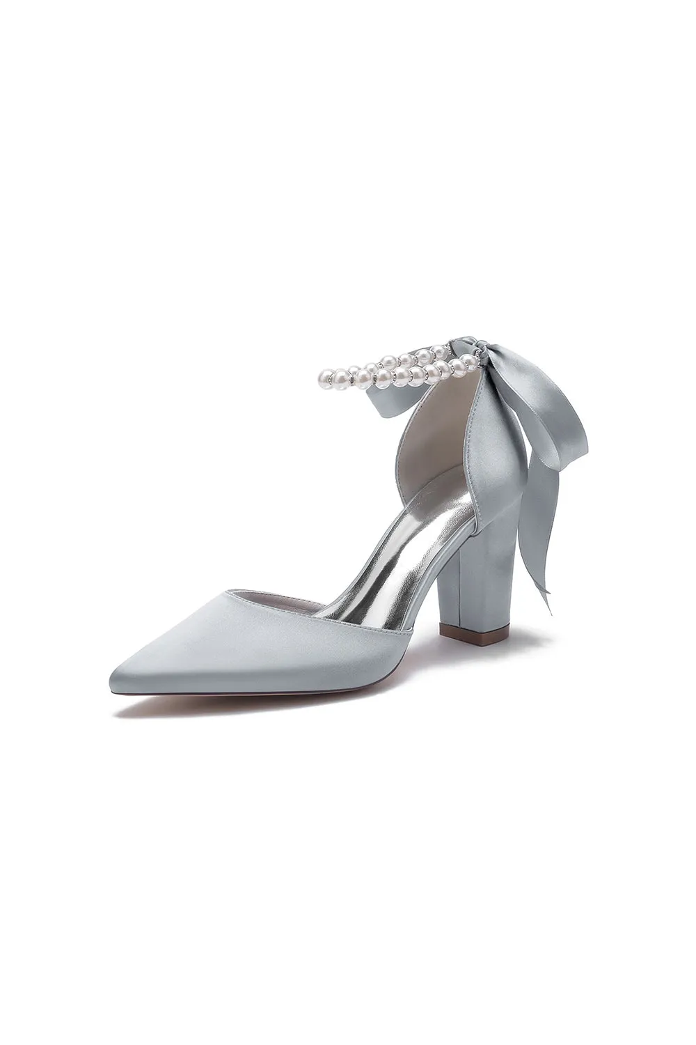 Pearl Ribbon Pointed Toe Ankle Strap Chunky Heel