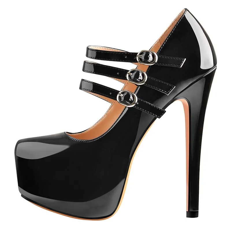 Platform Pumps Round Toe Three Buckles High Heel Shoes