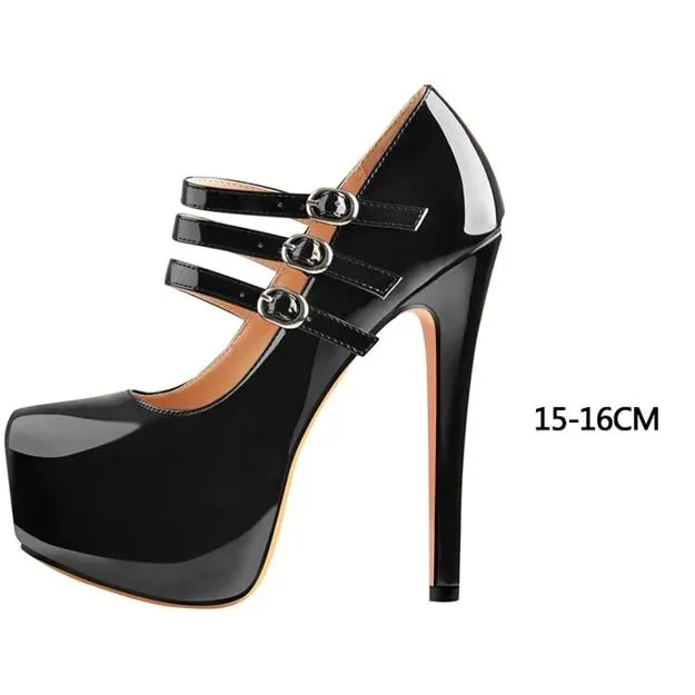 Platform Pumps Round Toe Three Buckles High Heel Shoes