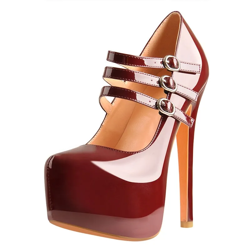 Platform Pumps Round Toe Three Buckles High Heel Shoes