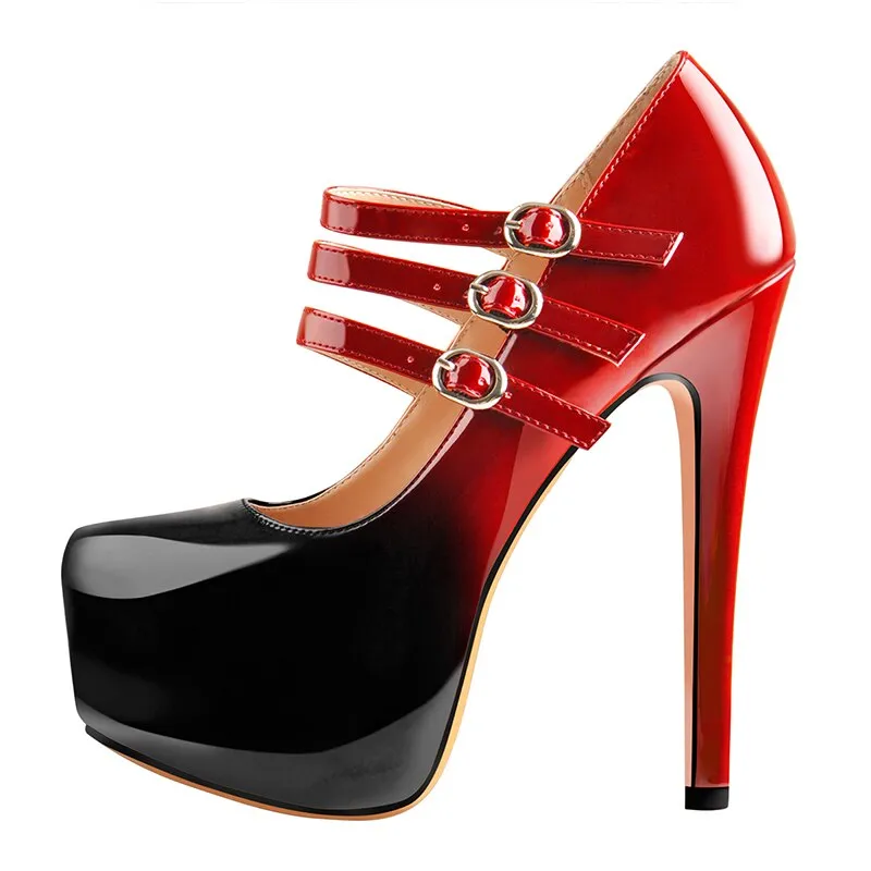 Platform Pumps Round Toe Three Buckles High Heel Shoes