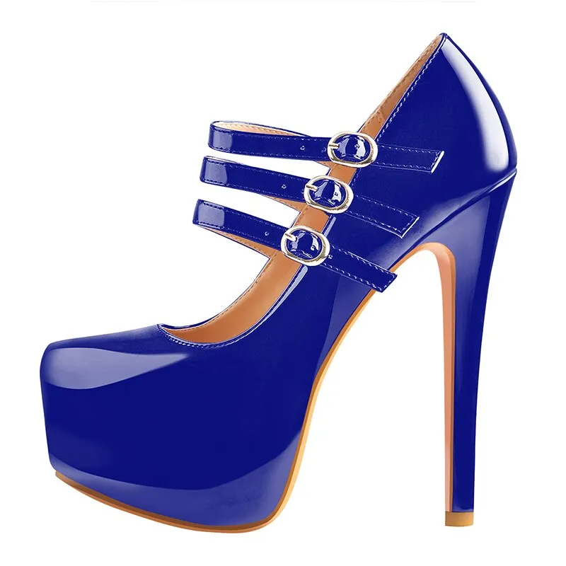 Platform Pumps Round Toe Three Buckles High Heel Shoes