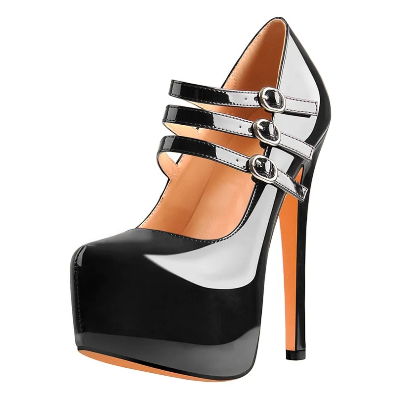 Platform Pumps Round Toe Three Buckles High Heel Shoes