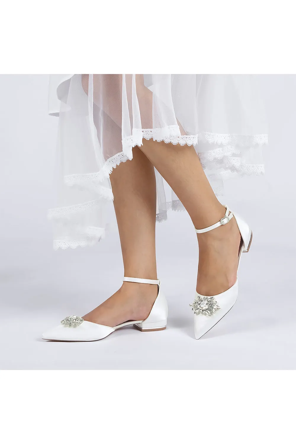 Pointed Toe Rhinestone Ankle Strap Kitten Heels