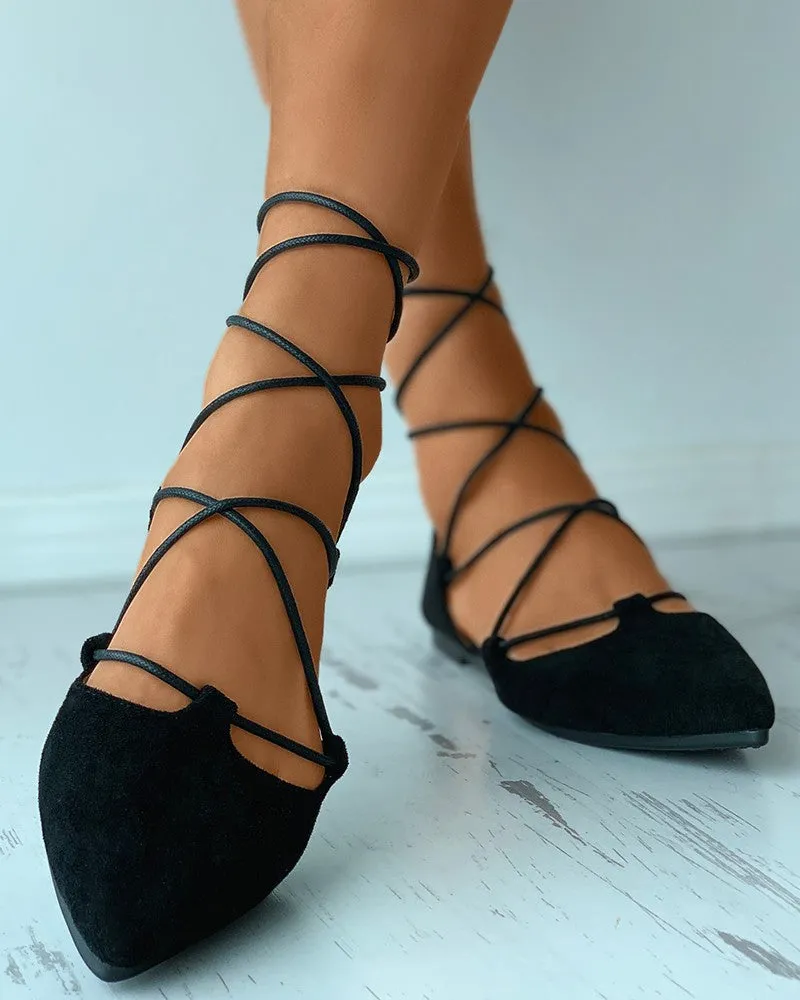 Pointed Toe Suede Strappy Slip-On Flats