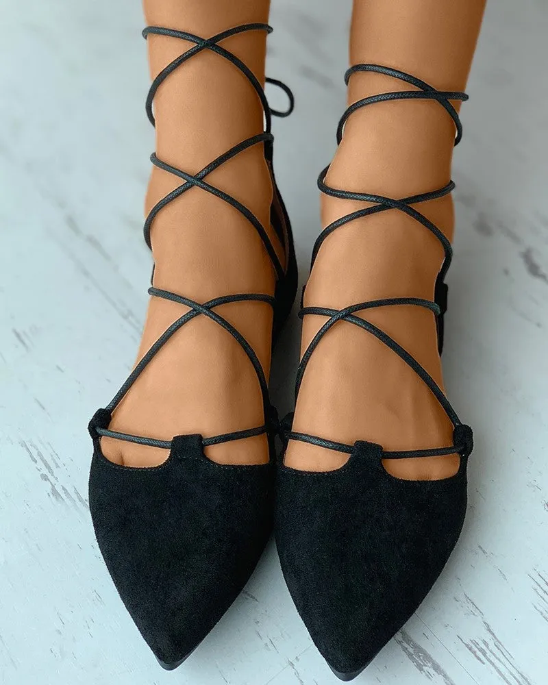 Pointed Toe Suede Strappy Slip-On Flats