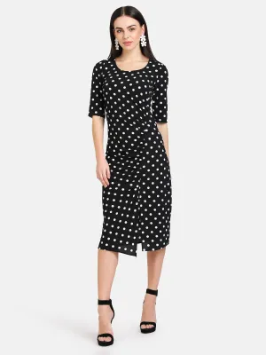 Polka Dot Midi Dress With Front Ruching Detail.