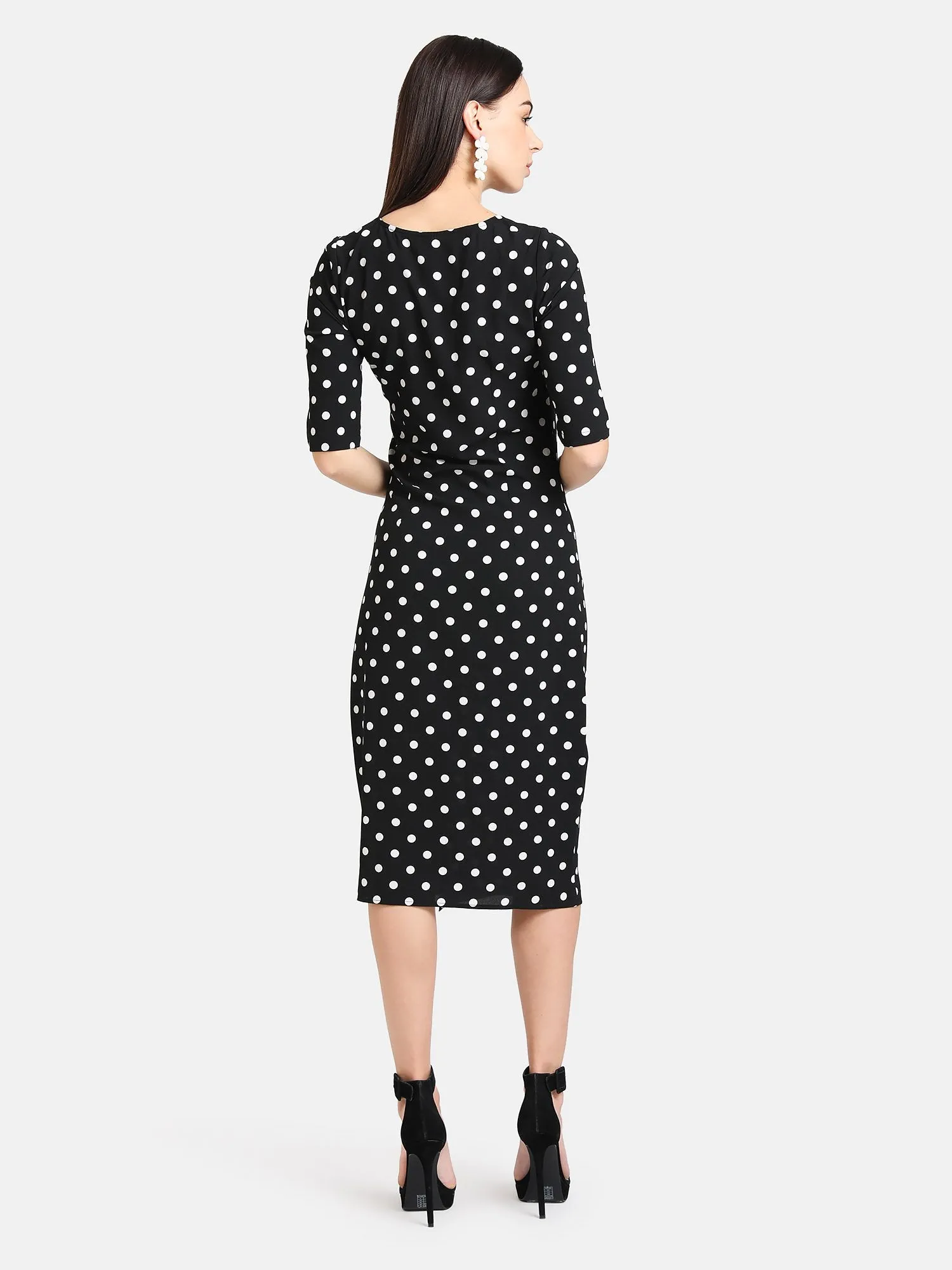 Polka Dot Midi Dress With Front Ruching Detail.