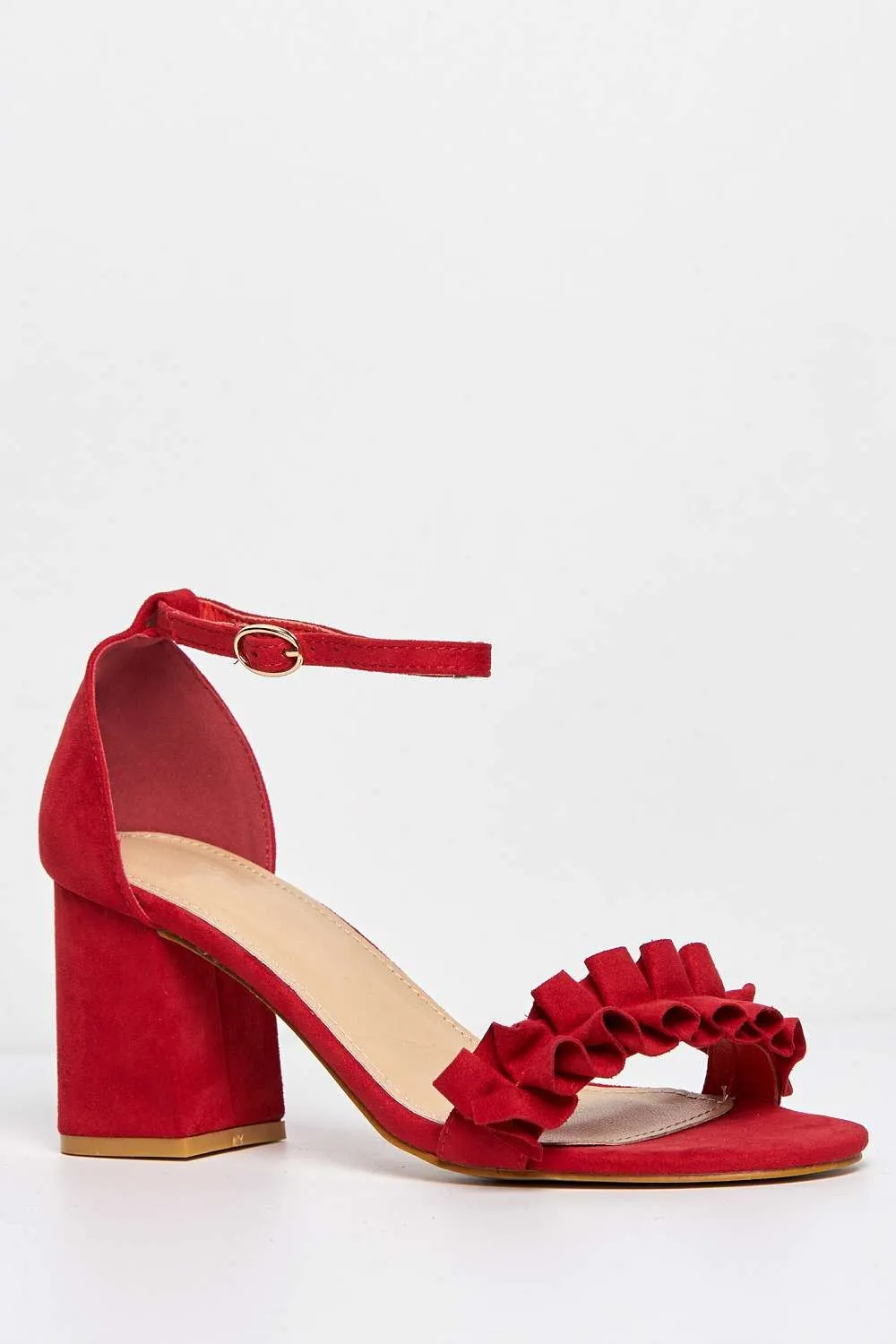 Rita Frill Detail Block Heel Ankle Strap Sandals in Red Suede