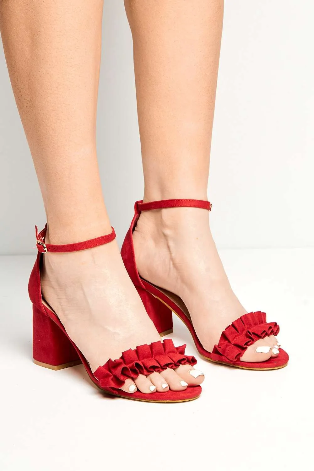 Rita Frill Detail Block Heel Ankle Strap Sandals in Red Suede