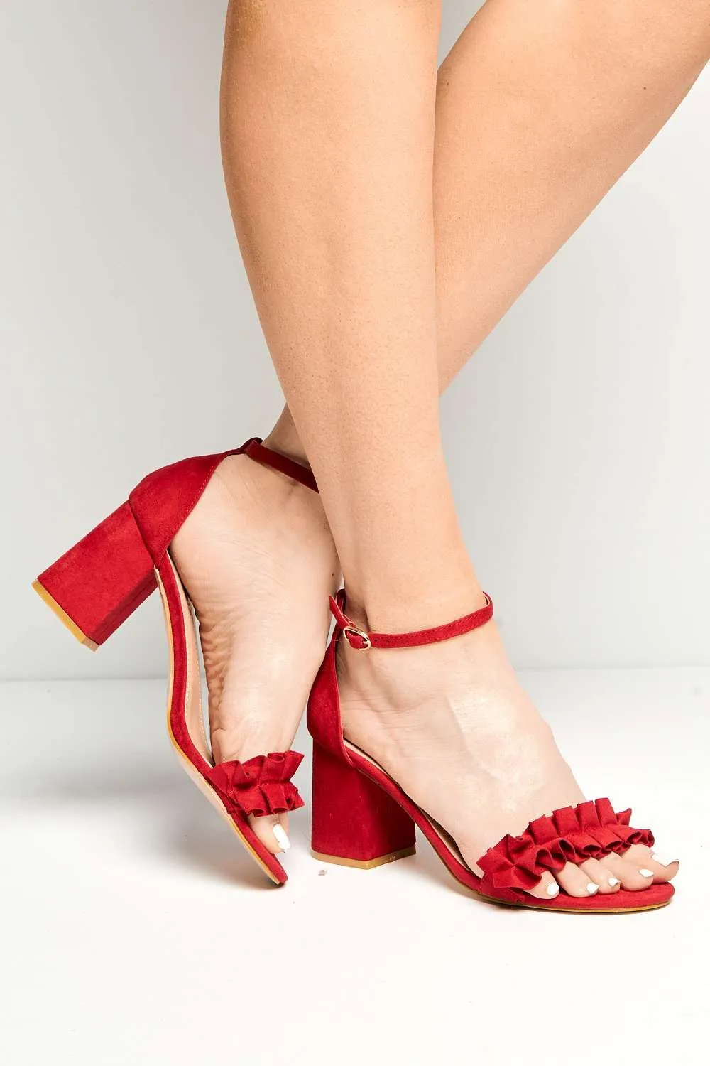 Rita Frill Detail Block Heel Ankle Strap Sandals in Red Suede