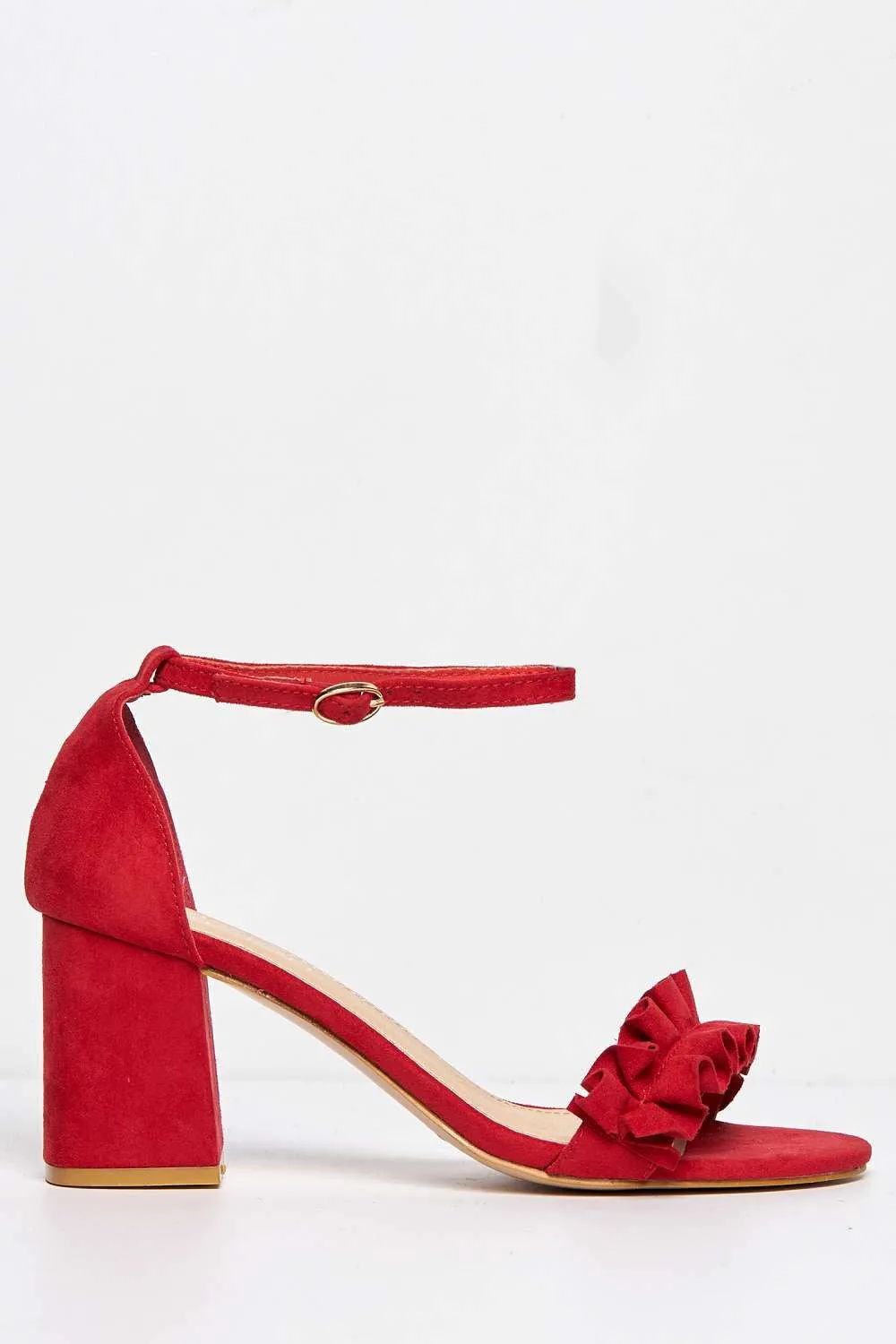 Rita Frill Detail Block Heel Ankle Strap Sandals in Red Suede