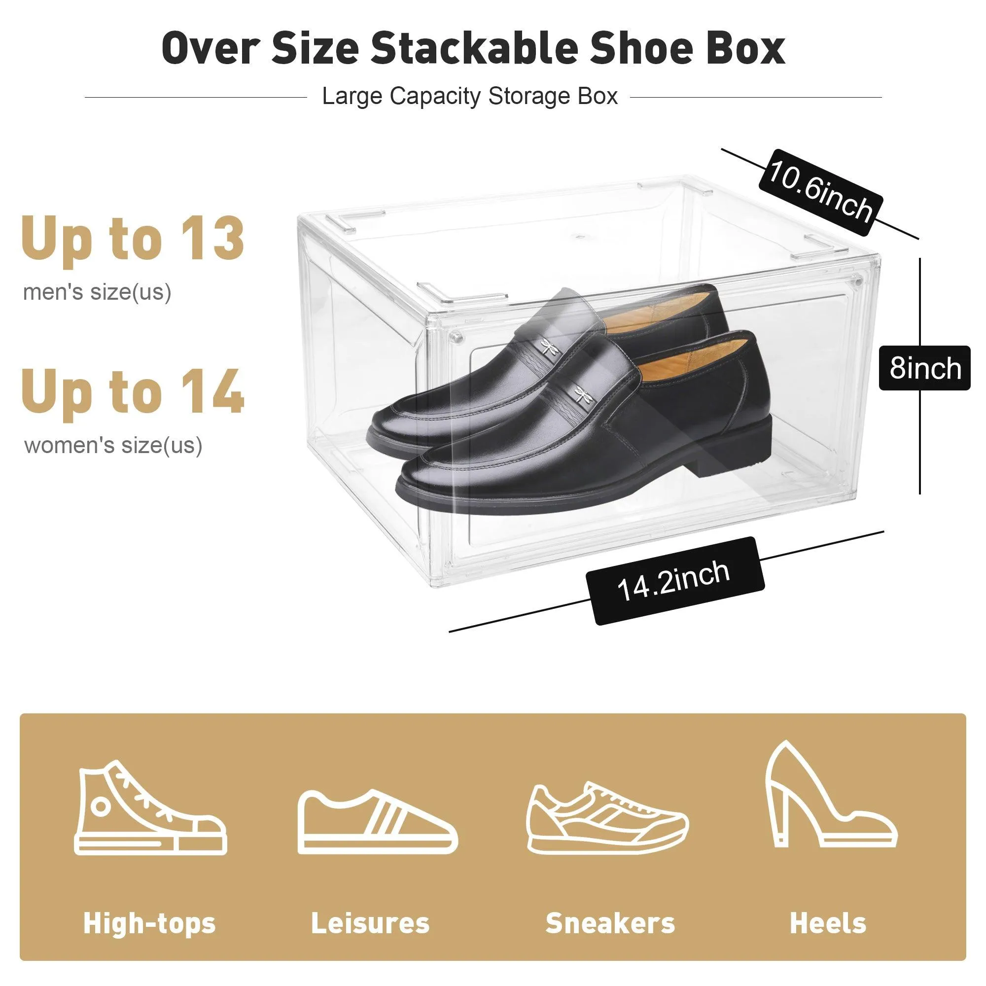 Set of 4 Shoe Storage Box Clear Plastic Stackable Shoe Organizer with Magnetic Door, Transparent