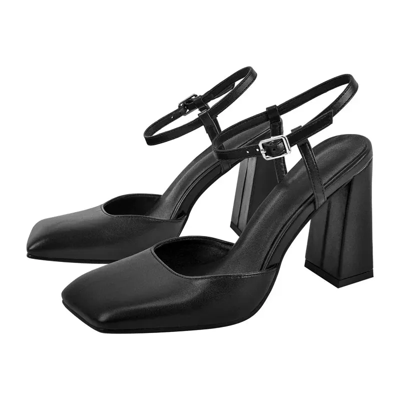 Square Toe Pumps Ankle Strap Chunky Square Heel Shoes