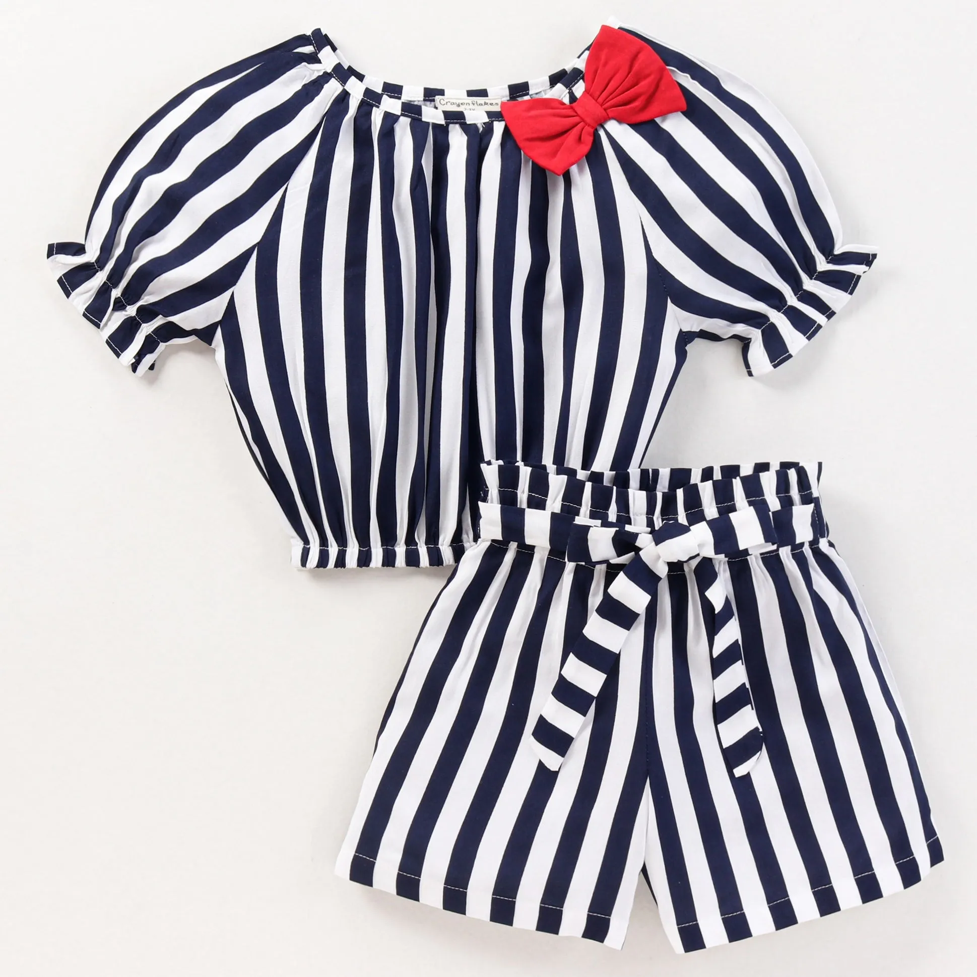 Striped Off Shoulder Top Belted Short Co ord Set