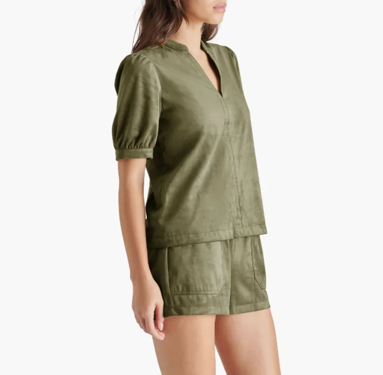 Suede Olive Faux The Record Shorts