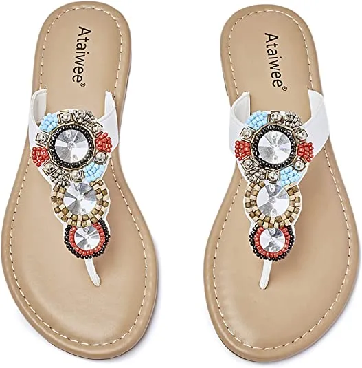 Summer Beaded Embellished Vegan Brown Casual Flat Sandals