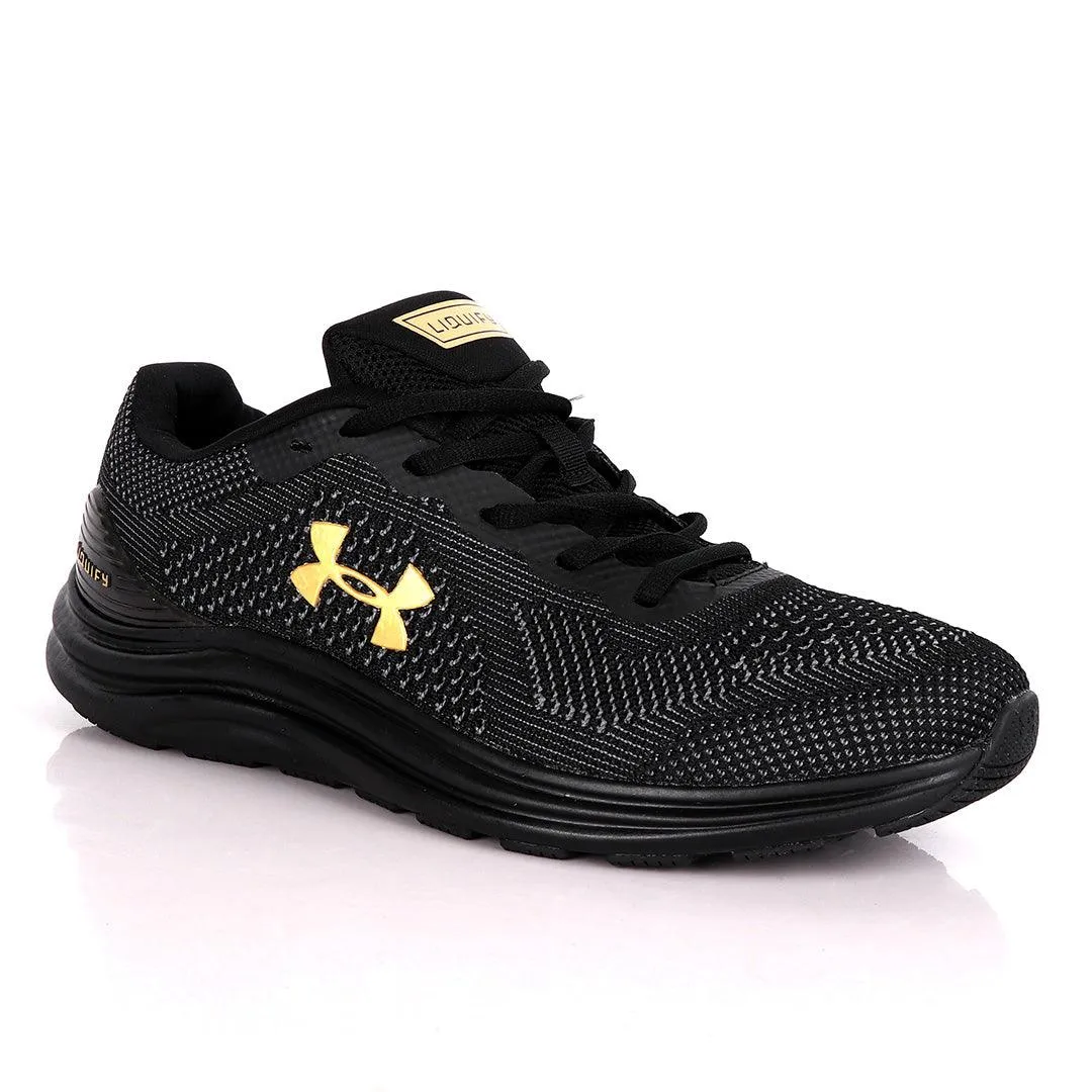 UA Charged Spark Black With Gold Logo Design Sneakers