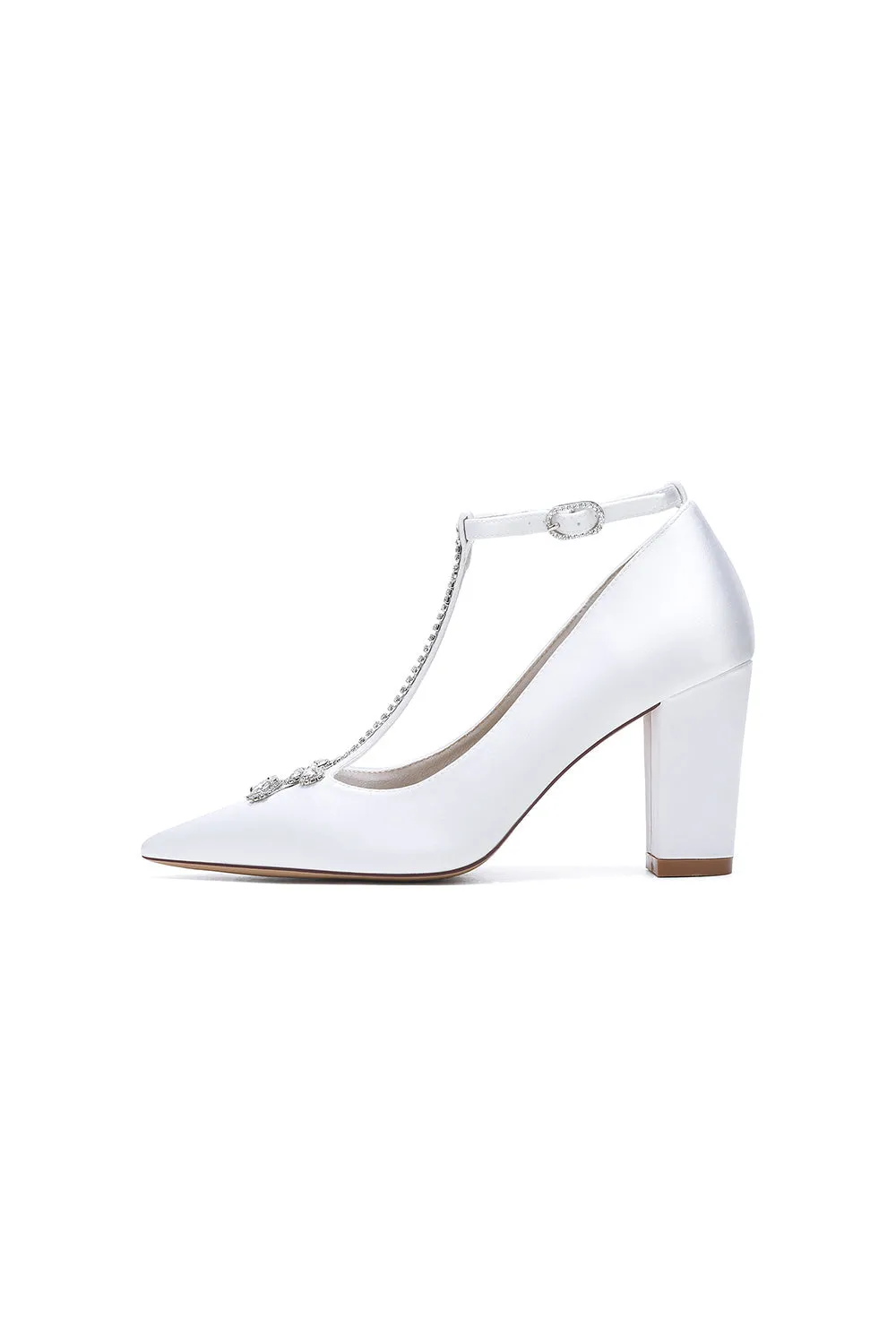 White Leather Pump with Silver Chain and Crystal Accent