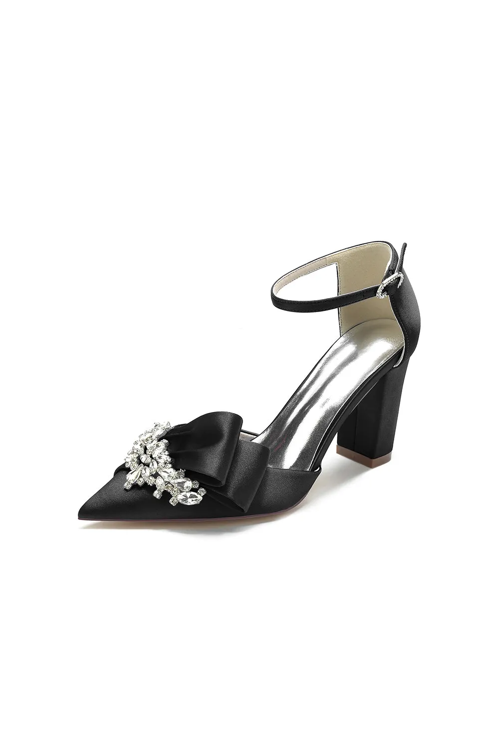 White Satin Heels Featuring a Large Decorative Bow and Metallic Heel