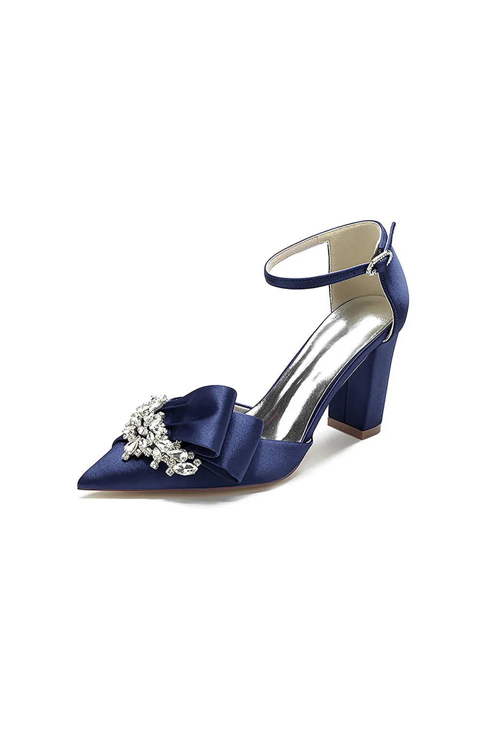 White Satin Heels Featuring a Large Decorative Bow and Metallic Heel