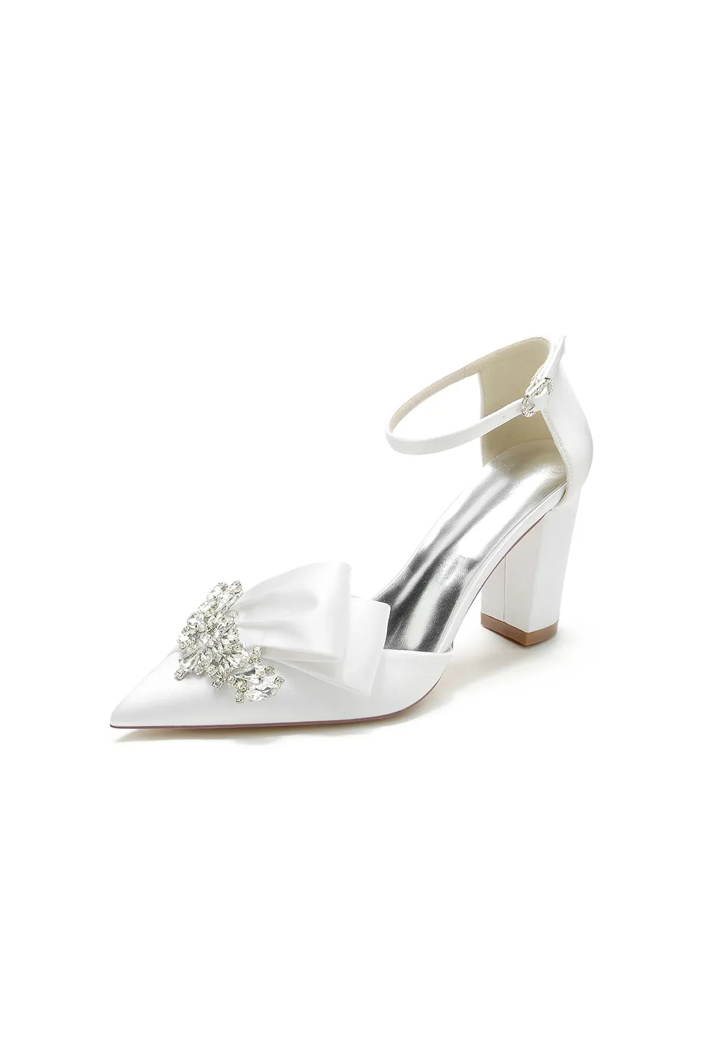 White Satin Heels Featuring a Large Decorative Bow and Metallic Heel