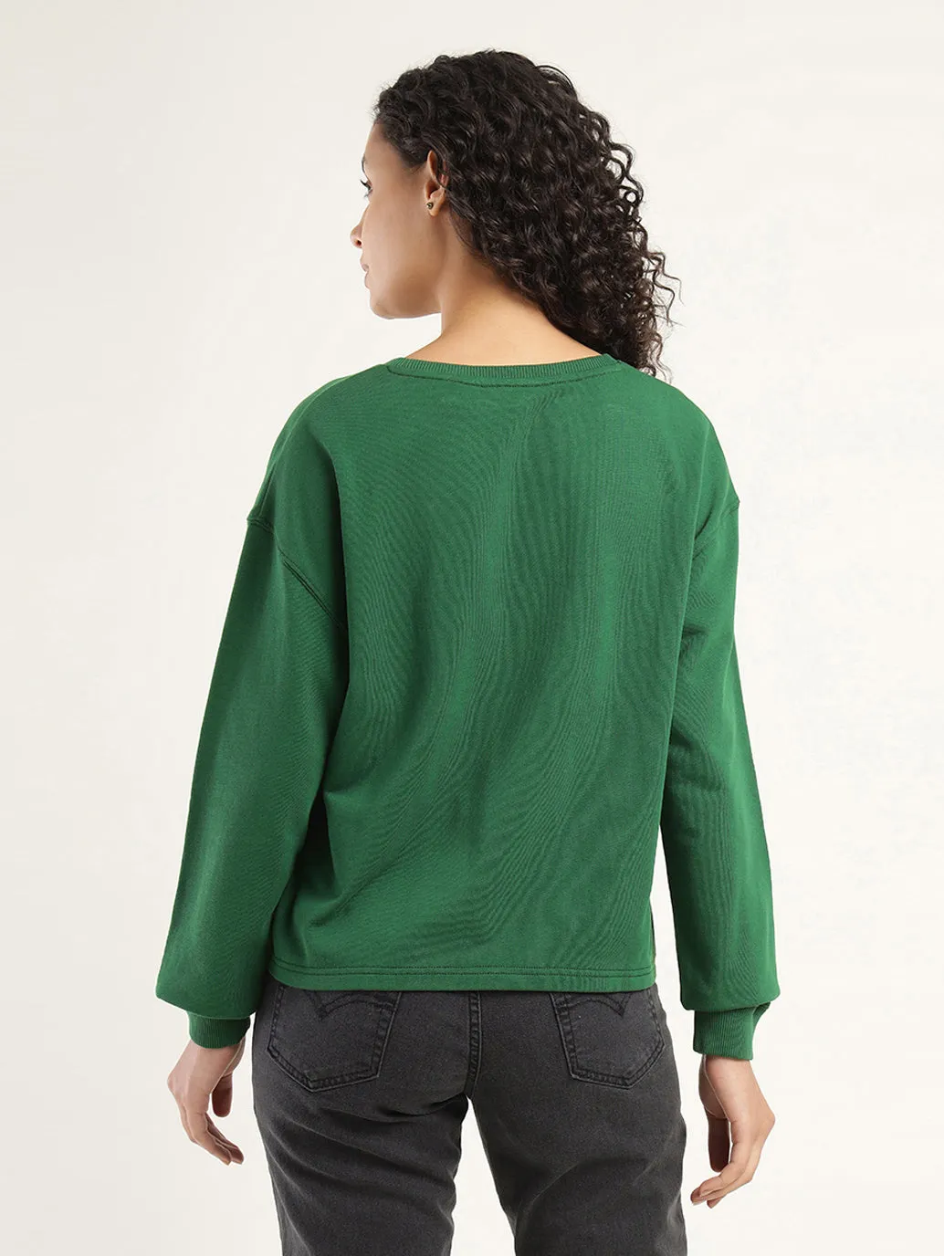 Women's Solid Dark Green Crew Neck Sweatshirt