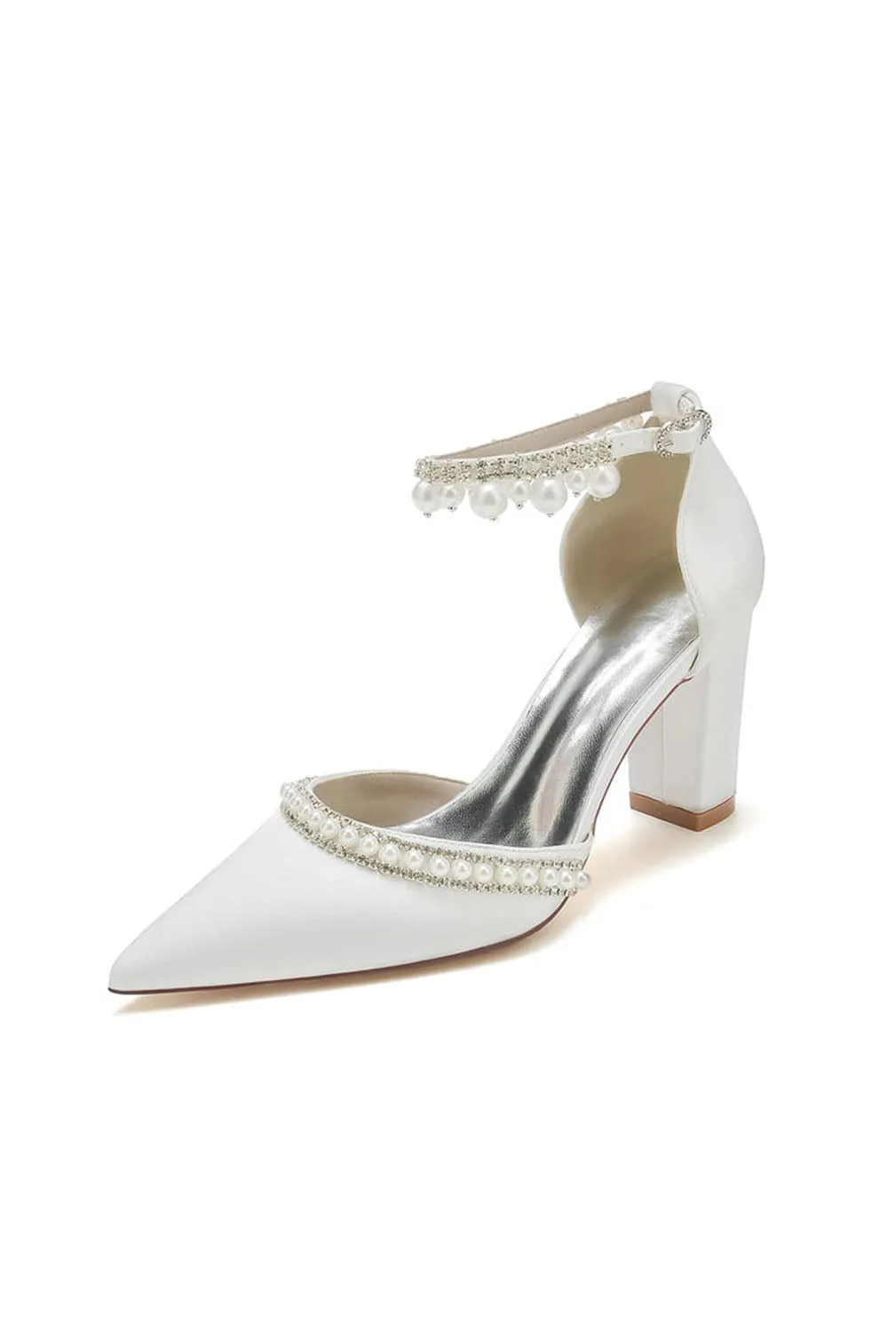 Women's Wedding Shoes Satin Block Heel Pearl Rhinestone Tassel Wedding Shoes