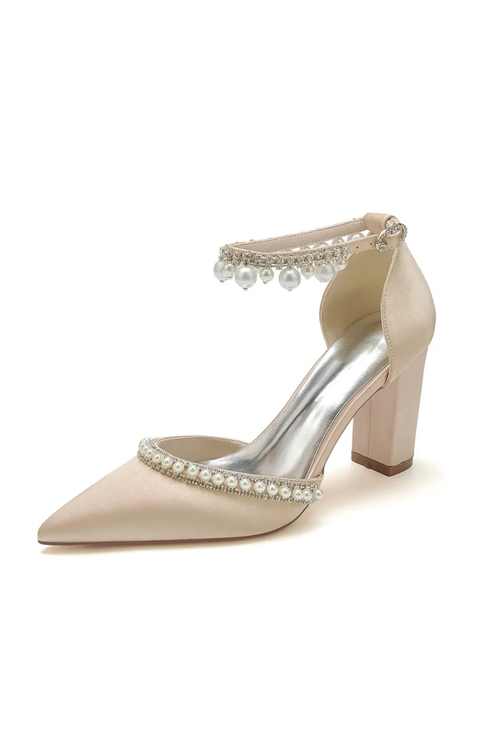 Women's Wedding Shoes Satin Block Heel Pearl Rhinestone Tassel Wedding Shoes