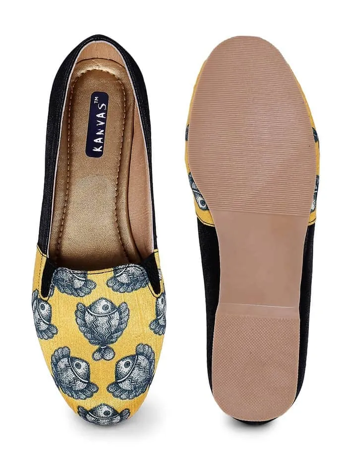 Yellow Madhubani Fish Print Moccasins